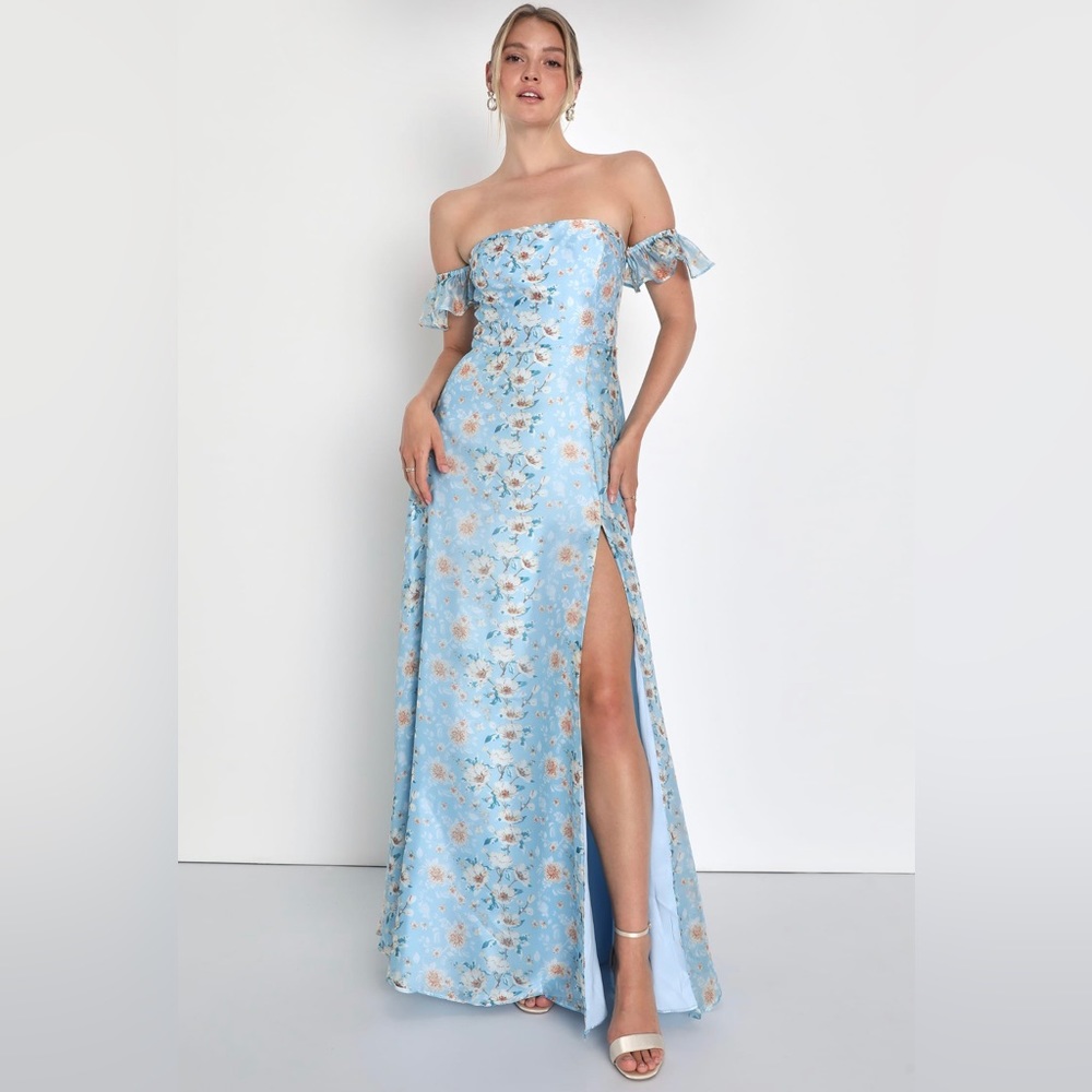 Endless Blooms Blue Floral Organza Off-the-Shoulder Maxi Dress